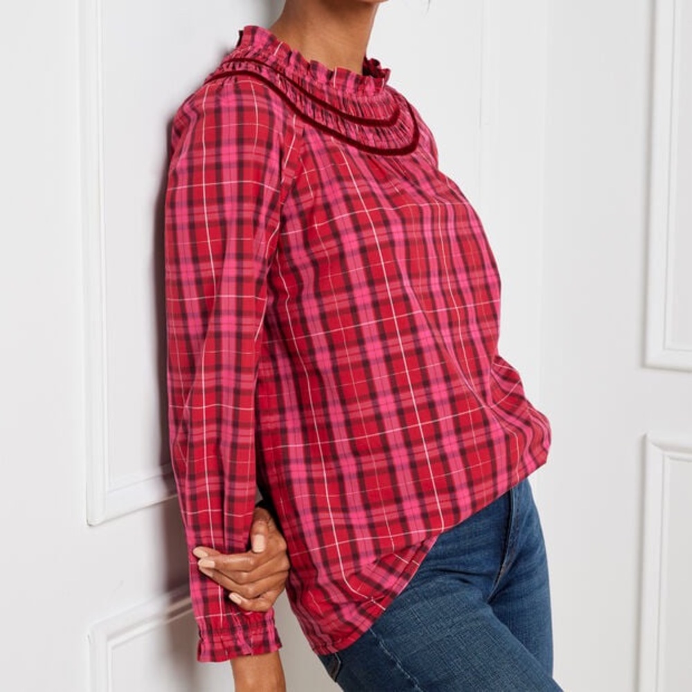 Talbots Blouse Velvet Trim Ruffle Popover in Moonlight Plaid Womens Medium
